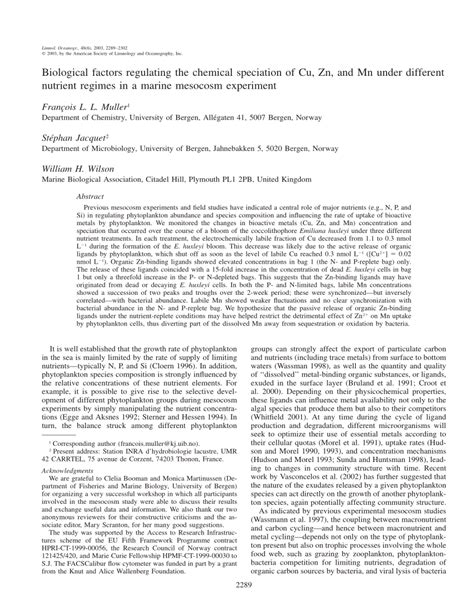 PDF Biological Factors Regulating The Chemical Speciation Of Cu Zn