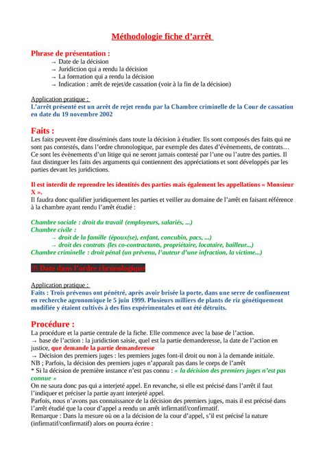 Méthodologie fiche d arrêt Méthodologie fiche darrêt Phrase de