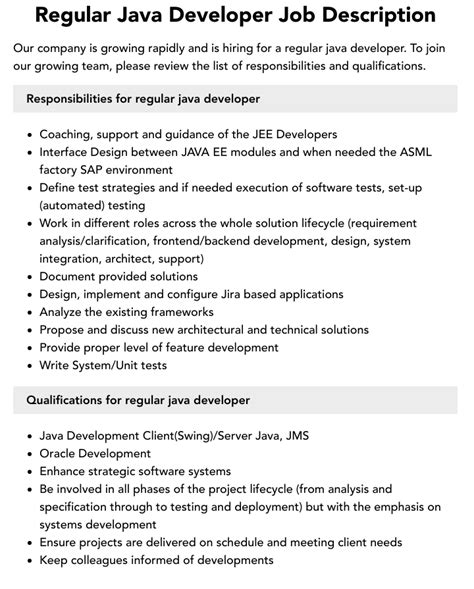 Regular Java Developer Job Description Velvet Jobs