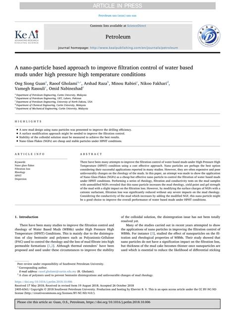 PDF A Nano Particle Based Approach To Improve Filtration Control Of