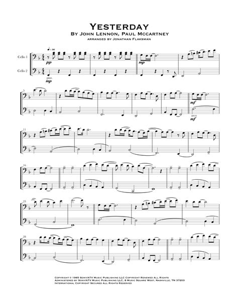 Yesterday Arr Jonathan Flaksman By The Beatles Sheet Music For Cello