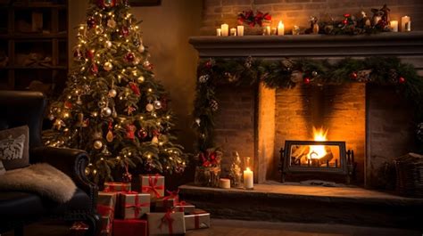 Premium AI Image | christmas interior with tree presents and fireplace