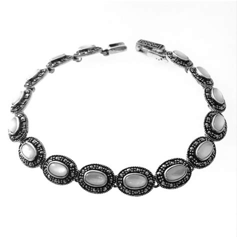 Pulsera de Plata vieja con Nácar Piedras Marcasitas