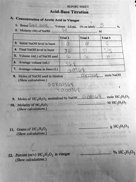 SOLVED REPORT SHEET Acid Base Titration Concentration Of Acetic Acid