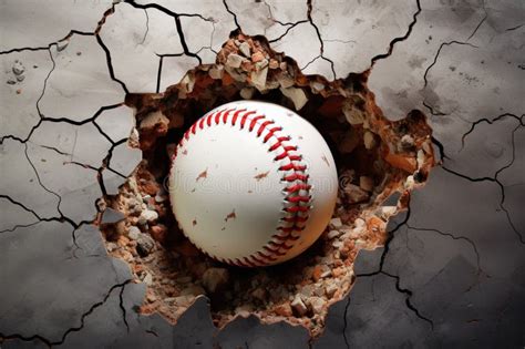 Impactful Baseball Scene Ball Smashing Through A Wall With Cracks Stock