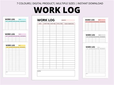 Work Log Printable Time Spent Tracker Time Log Working Etsy UK Time