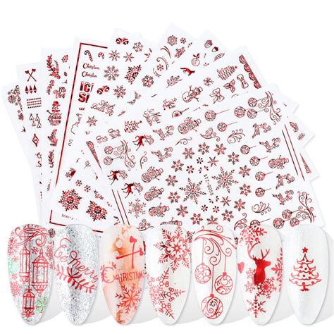 Hama Nail 9pcs Set Holographic Laser Red Christmas Nail Sticker Shine