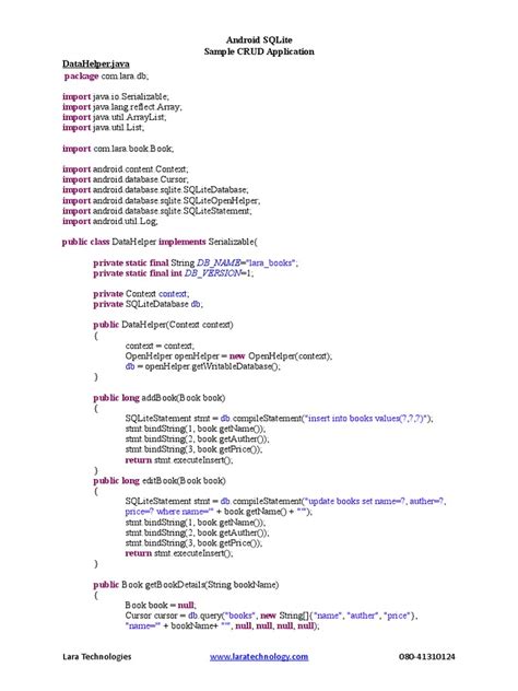 Android Sqlite Sample Crud Application Datahelper Java Lara Books