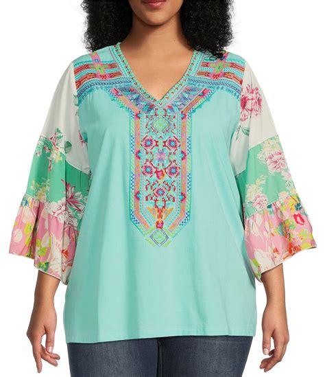 Calessa Plus Size Embroidered Front V Neck 3 4 Patchwork Flare Sleeve