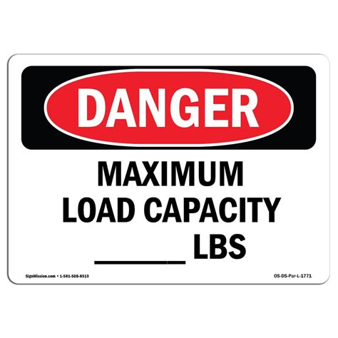 Osha Danger Sign Maximum Load Capacity Lbs 18 X 12 Aluminum Sign