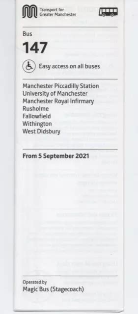 TFGM BUS TIMETABLE - 147 - Manchester-West Didsbury - Sept 2021 - Stagecoach EUR 4,28 - PicClick IT