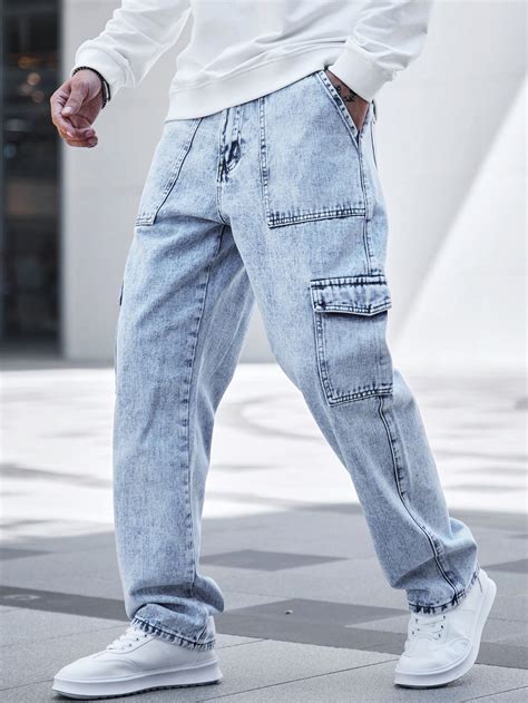 Men Contrast Stitching Cargo Jeans Mens Cargo Jeans Denim Outfit Men Loose Jeans Outfit