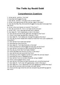 The Twits By Roald Dahl 30 Reading Comprehension Questions Test Editable