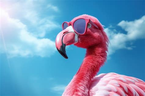 Premium Photo Pink Flamingo Wearing Sunglasses Outdoors With Blue Sky Ai