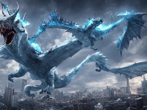 A Colossal Ice Wyvern Destroying The City Epic Stable Diffusion