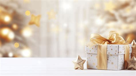 Gifts Boxes With Festive Ribbons And Christmas Ornament On White Wooden