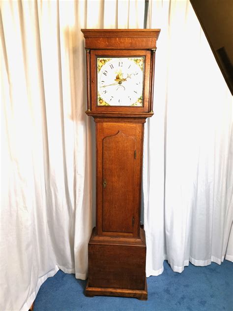 Small Medium Oak Grandfather Or Grandmother Longcase Clock With Painted