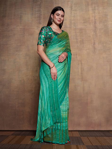 Buy Mitera Green Striped Sequinned Pure Chiffon Saree Online At Best Price Distacart