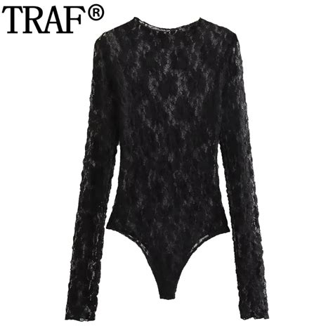 TRAF Bodysuit Feminino De Renda Preta Semi Transparente Bodycon De Uma