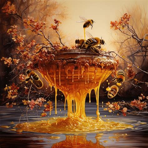 Premium Photo | A painting of a honey bee collecting honey and a beehive