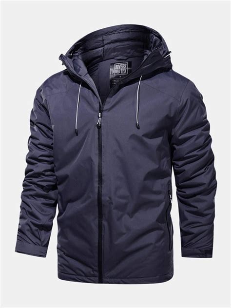 Mens Waterproof Windproof Solid Color Zipper Simple Hooded Jacket ...