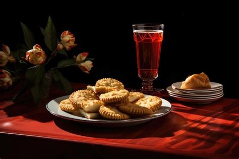 Premium Ai Image Tempting Assortment Of Snacks On A Rich Dark Red