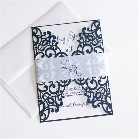 Navy Blue Wedding Invitation Lace Laser Cut Wedding Invite - Etsy