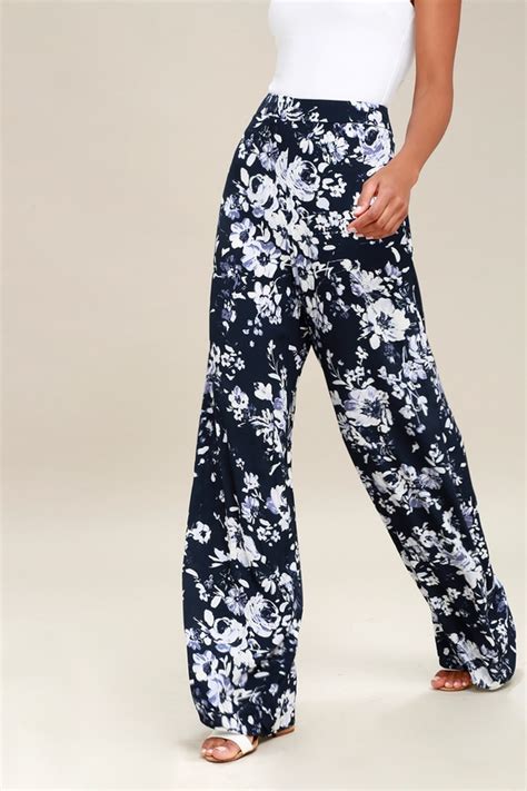 Lovely Navy Blue Pants Floral Print Pants Wide Leg Pants Lulus