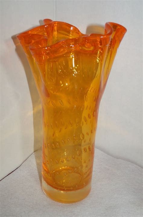 Murano Hand Blown Shades Of Orange Ruffle Top Bubble Design Art