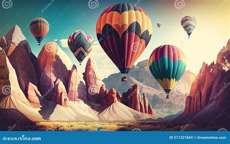 Colorful Hot Air Balloons Fly In Blue Sky Over Amazing Valley With