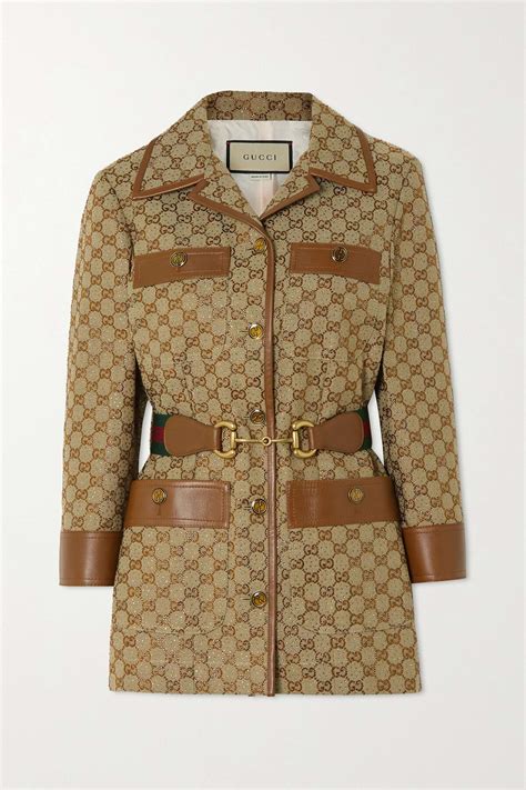 Gucci Aria Belted Leather Trimmed Cotton Blend Canvas Jacquard Jacket