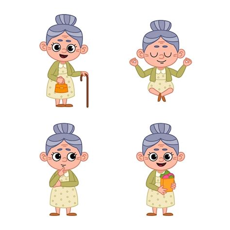 Premium Vector Set Of Cartoon Old Lady Standing With Walking Stick