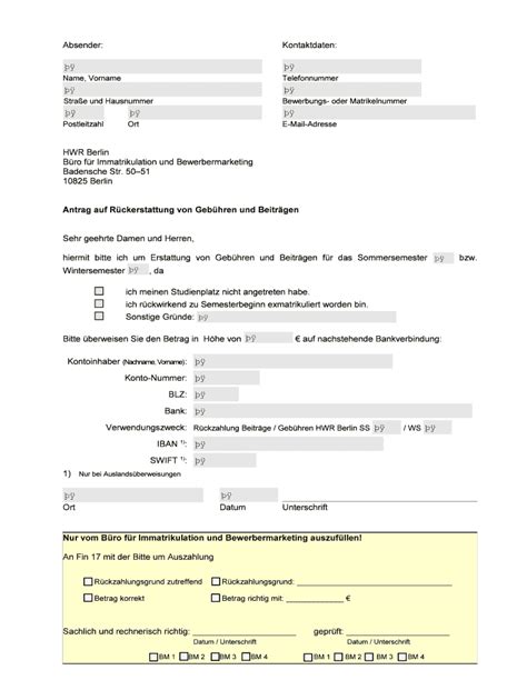 Fillable Online Antrag Auf Rckerstattung Von Gebhren Und Beitrgen