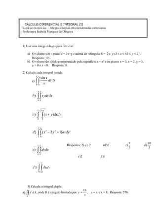 Lista de exercícios Integrais Duplas Cartesianas PDF