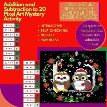 Digital Pixel Art NO PREP Winter Owls Addition And Subtraction To 20