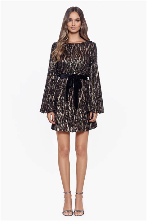 Betsy And Adam Velvet Tie Short Long Sleeve Sequin Dress In Black Lyst