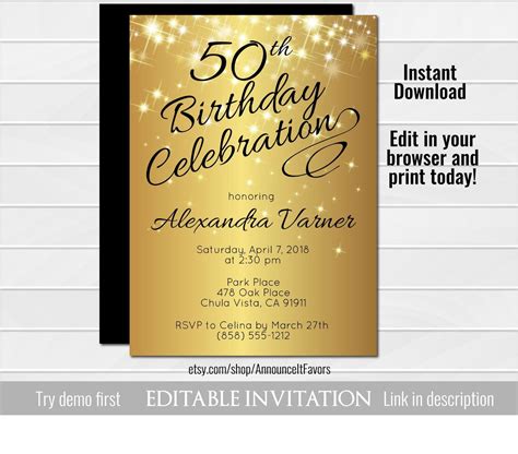 50th Birthday Invitation Template Elegant Birthday Invitation Etsy Australia