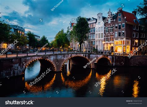 Night City View Amsterdam Canal Herengracht Stock Photo 1444419149