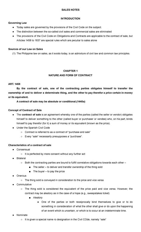 Law on Sales - Chapter 1 Notes - SALES NOTES INTRODUCTION Governing Law