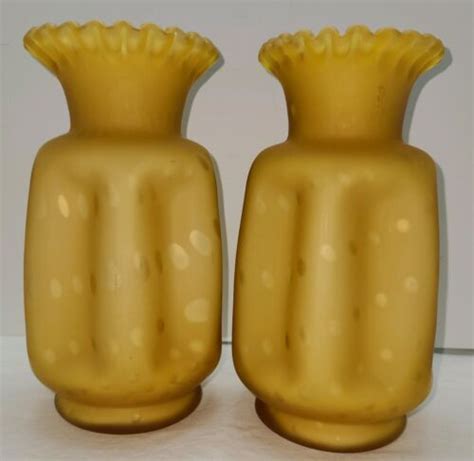 Antique 2 Vases Yellow And White Cased Glass Optic Dot Raindrop Pinch Ruffled Top Ebay