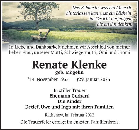 Traueranzeigen von Renate Klenke Märkische Onlinezeitung Trauerportal