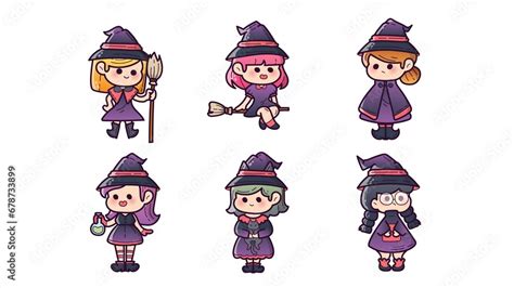 Cute Witch Characters Animated Halloween Witches Stock Template | Adobe Stock