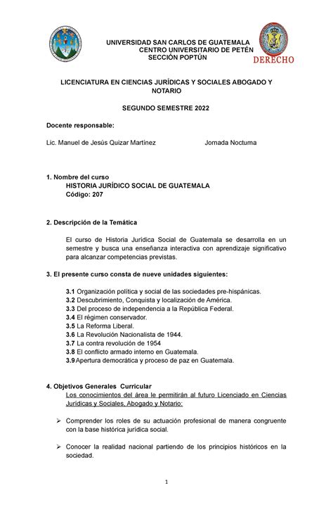 Planificación DEL Curso Historia Juridico Social DE Guatemala