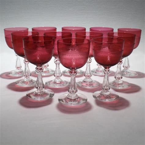 Set Of 12 Antique Cranberry Red And Clear Crystal Engraved Cordial Wine Glasses For Sale At 1stdibs