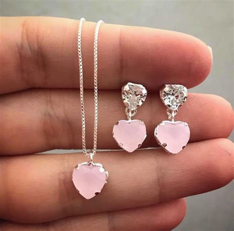 Conjunto Colar Brincos De Cora O Pedra Rosa No Elo Denise