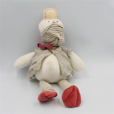 Doudou Canard Edouard Beige Blanc Col Rouge MOULIN ROTY 35 Cm