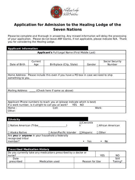 Application For Admission To The Healing Lodge Of The Seven Doc