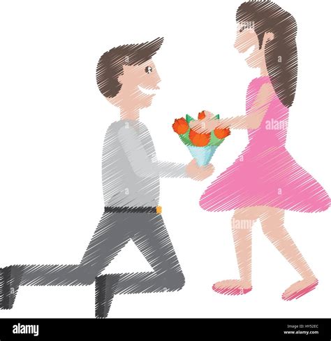 Drawing Couple Romance Man Kneel Give Flowers Girl Vector Illustration