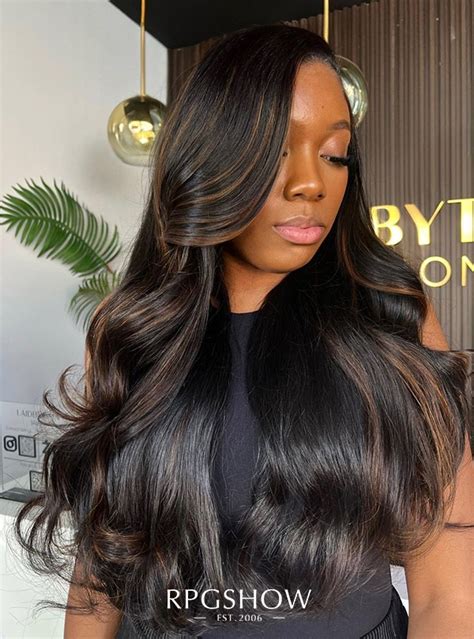 Long Side Part Wavy Black Hair With Honey Brown Highlights Lace Front