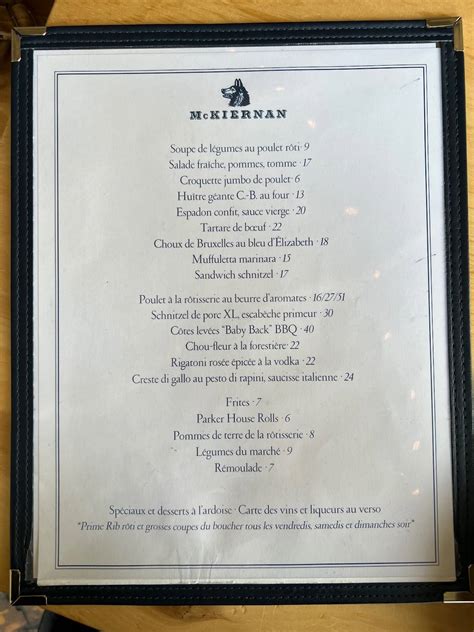 Menu At Mckiernan R Tisserie Restaurant Montr Al Rue Saint Patrick